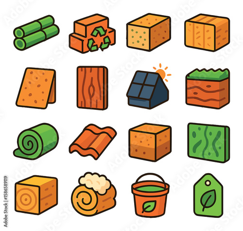 Sustainable material icon collection. eco-friendly linear bamboo, brick, wood, sponge, cork