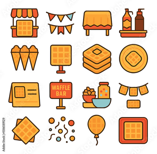 Waffle party icon collection. simple table, banner, syrup, cone, sign, balloon, confetti
