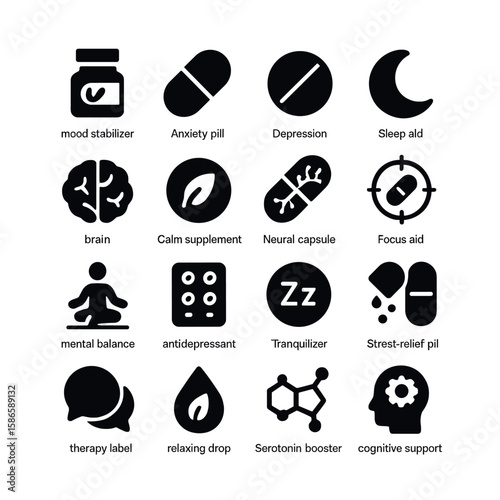 Mental health icon collection: silhouette pills, brain, sleep aid, mood stabilizer