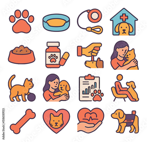 Pet care icon collection. modern pet support flat icons: paw, leash, bowl, medicine, vet, animal love