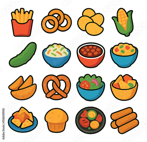 Side dish icon collection. colorful, simple appetizers: fries, nachos, corn, salad, pretzel, muffin