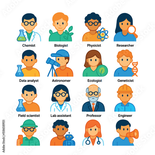 Science profession icon collection. modern scientist roles flat icons. chemist, biologist, physicist, researcher, geneticist, engineer