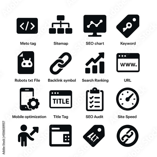 Seo icon collection. simple silhouette seo icons: chart, sitemap, mobile, keyword, url, audit