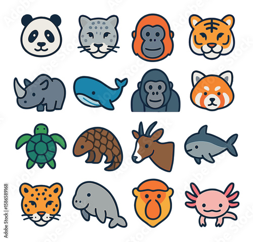 Endangered animals icon collection. wildlife conservation flat icons: panda, tiger, rhino, dolphin, whale, gorilla