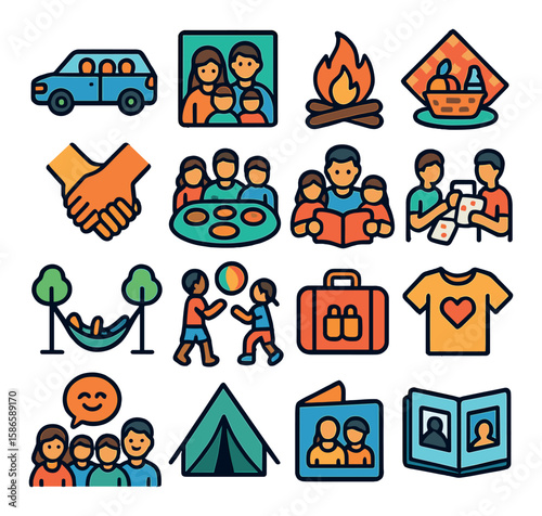 Family holiday icon collection. simple family, picnic, campfire, car, tent, travel, heart, linear