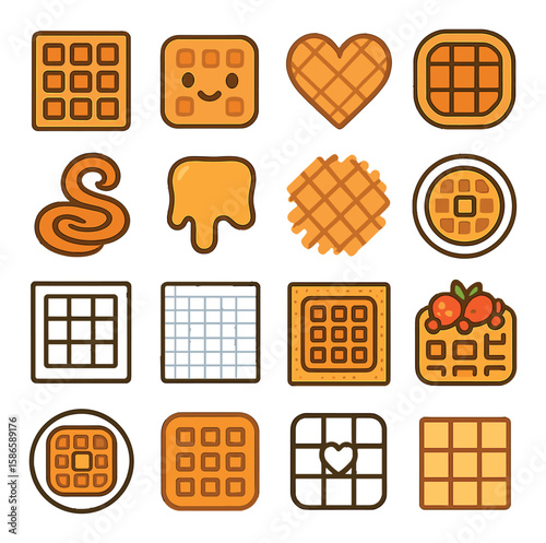 Waffle icon collection. breakfast simple waffles, syrup, heart, grid, strawberry