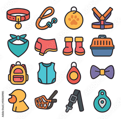 Dog accessory icon collection. pet gear flat icons: collar, leash, tag, harness, bandana