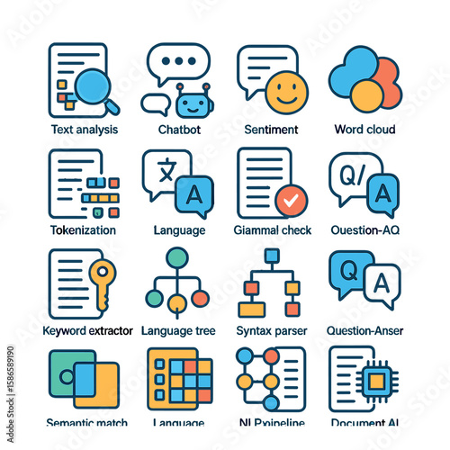 Nlp icon collection: simple compose flat design. text analysis, chatbot, sentiment, word cloud