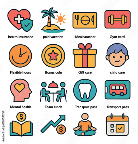 Employee benefits icon collection. simple style: health, vacation, meal, gym, childcare