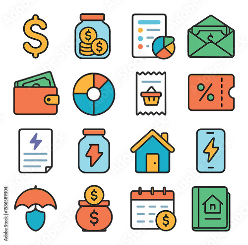 Finance icon collection. vibrant finance, wallet, dollar, graph, invoice, bill, umbrella, percentage, voucher, lightning, home, calendar, flat