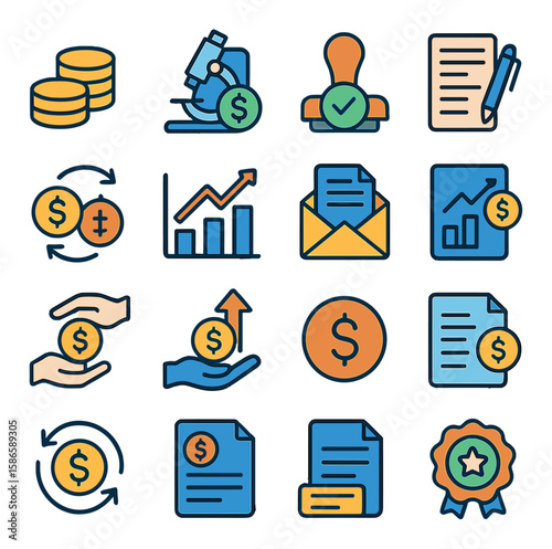 Funding icon collection. financial, investment, money, banking, economy, budget, colorful