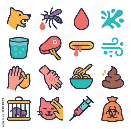Animal care icon collection. pet, dog, cat, mosquito, vaccine, food, hygiene, linear