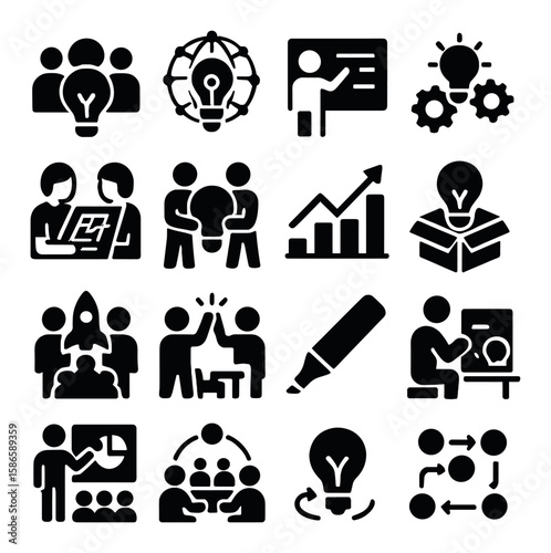 Innovation icon collection: creative silhouette design. brainstorm, lightbulb, team, graph, meeting