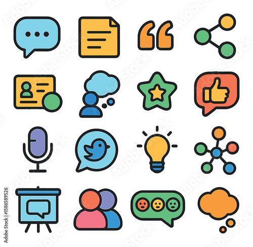Opinion sharing icon collection. simple flat chat bubble, quote, star, microphone, lightbulb