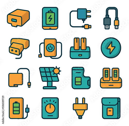 Camera power icon collection. battery, charger, plug, solar panel, adapter flat