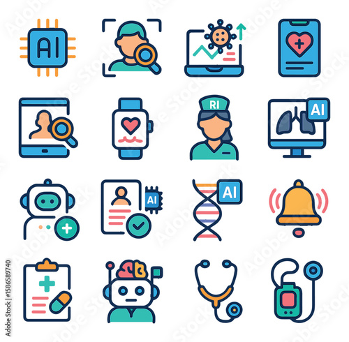 Healthcare ai icon collection: modern medical technology flat icons. ai, doctor, stethoscope, robot, dna, heart monitor