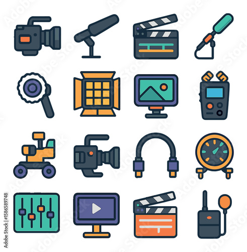 Video gear icon collection: simple linear camera, film, microphone, clapper, lens