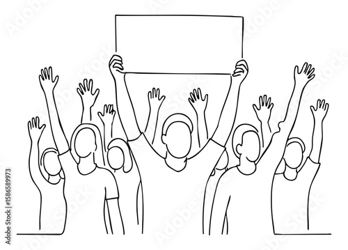  Crowd Protesters Holding Signs — Line Drawing
