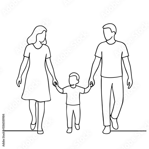 Family Holding Hands Walking Together — Line Drawing