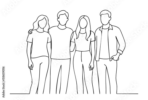 Casual Team of Four Standing Together — Line Illustration