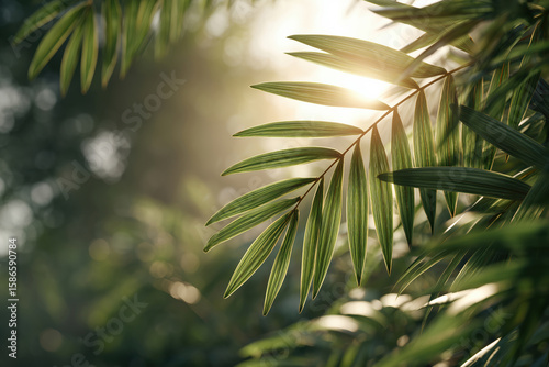 Backlit tropical palm leaves with sun rays filtering through