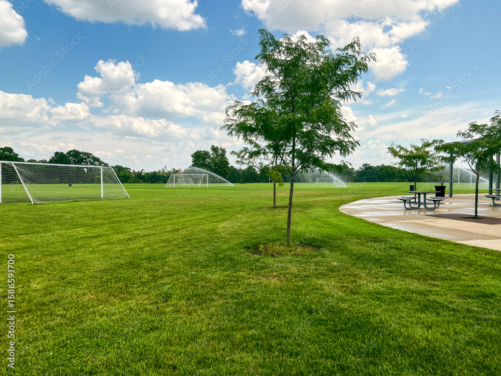 Obraz premium Sprinklers water grassy sports field at Forest Park in St. Louis, Missouri, USA. City park located in the heart of the city.