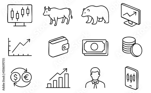 Minimalist Icons of trade forex market , Wallet, and Finance Tools