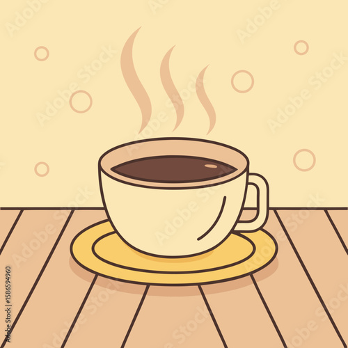 Hot cup of coffee with steam on wooden surface