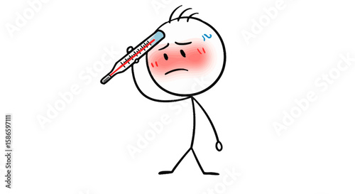 Sick stick figure with thermometer, fever, flu, cold symptoms, health, illness, cartoon character art on transparent background
