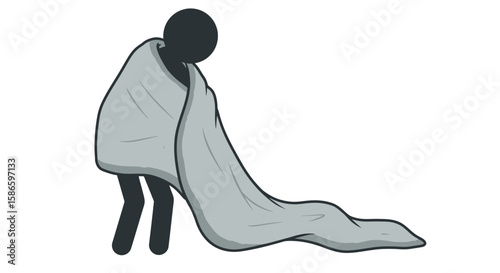 Stick figure wrapped in blanket feeling cold and sad illustration vector graphic design element on transparent background