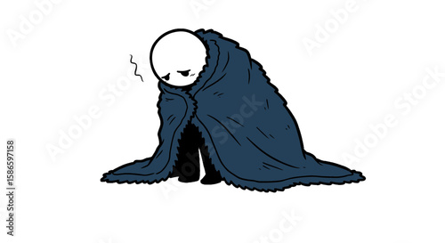 Sad cartoon character wrapped in blanket, feeling lonely and cold on a dark night background scene on transparent background