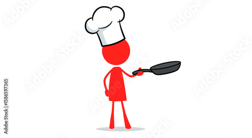 Red stick figure chef cooking with pan illustration vector art cooking food kitchen chef hat culinary on transparent background