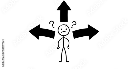 Decision making process concept: stick figure with arrows and question marks on black background image on transparent background
