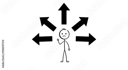 Stick figure decision making concept with arrows pointing in multiple directions choice dilemma confusion on transparent background