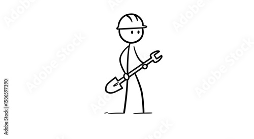 Stick figure construction worker with hard hat and tools illustration vector image design concept on transparent background