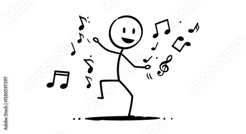 Stick figure dancing with music notes vector illustration black and white musical cartoon character design on transparent background