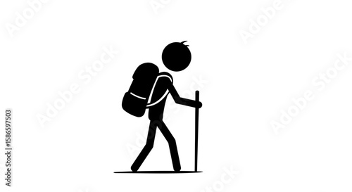 Stick figure hiking with backpack and walking stick vector illustration for outdoor adventure design on transparent background