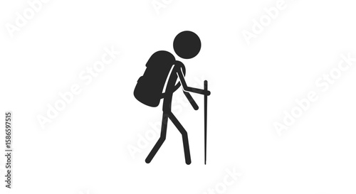 Stick figure hiking backpacking with walking stick vector illustration silhouette black background on transparent background
