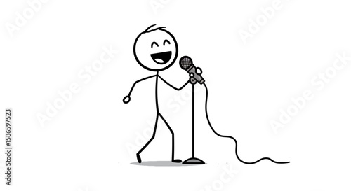 Stick figure singing karaoke on stage with microphone stand drawing illustration vector image on transparent background