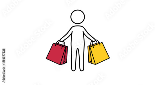 Stick figure shopping with bags vector illustration for retail sale and consumerism concept design on transparent background