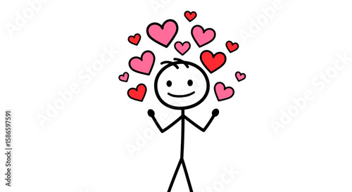 Stick figure surrounded by hearts illustration love and affection drawing clip art graphic design image on transparent background