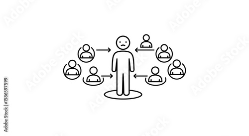 Social distancing and isolation concept with sad person surrounded by people icons and arrows on transparent background