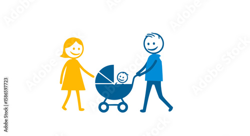 Family stick figures walking with baby stroller illustration vector graphic design for web and print media on transparent background