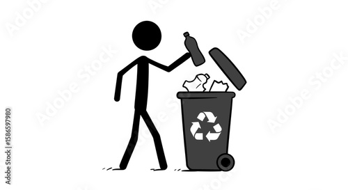 Recycling stick figure throwing plastic bottle in recycle bin vector art illustration graphic design on transparent background
