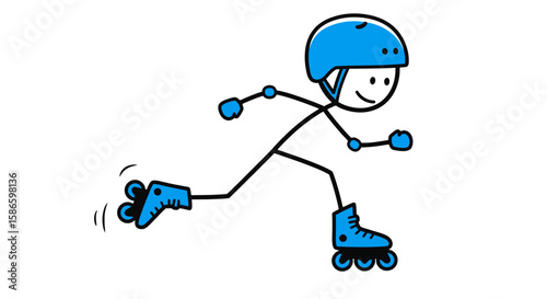Roller skating stick figure illustration with helmet and gloves for sport and recreation activities on transparent background