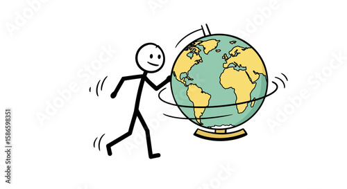 Stick figure spinning globe illustration world earth travel geography education cartoon drawing art design on transparent background