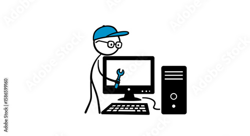 Computer repair service technician fixing desktop pc with wrench tool vector illustration on transparent background
