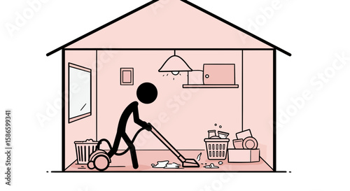 Cleaning home cartoon illustration vacuuming mess house chores domestic work stick figure animation style art on transparent background