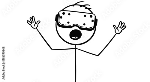 Vr headset stick figure experiencing virtual reality technology and augmented reality simulation game world on transparent background