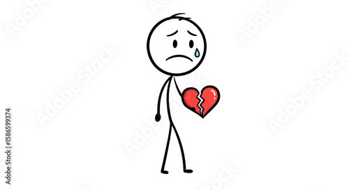 Sad stick figure with broken heart illustration for feelings and relationship concept art design vector on transparent background